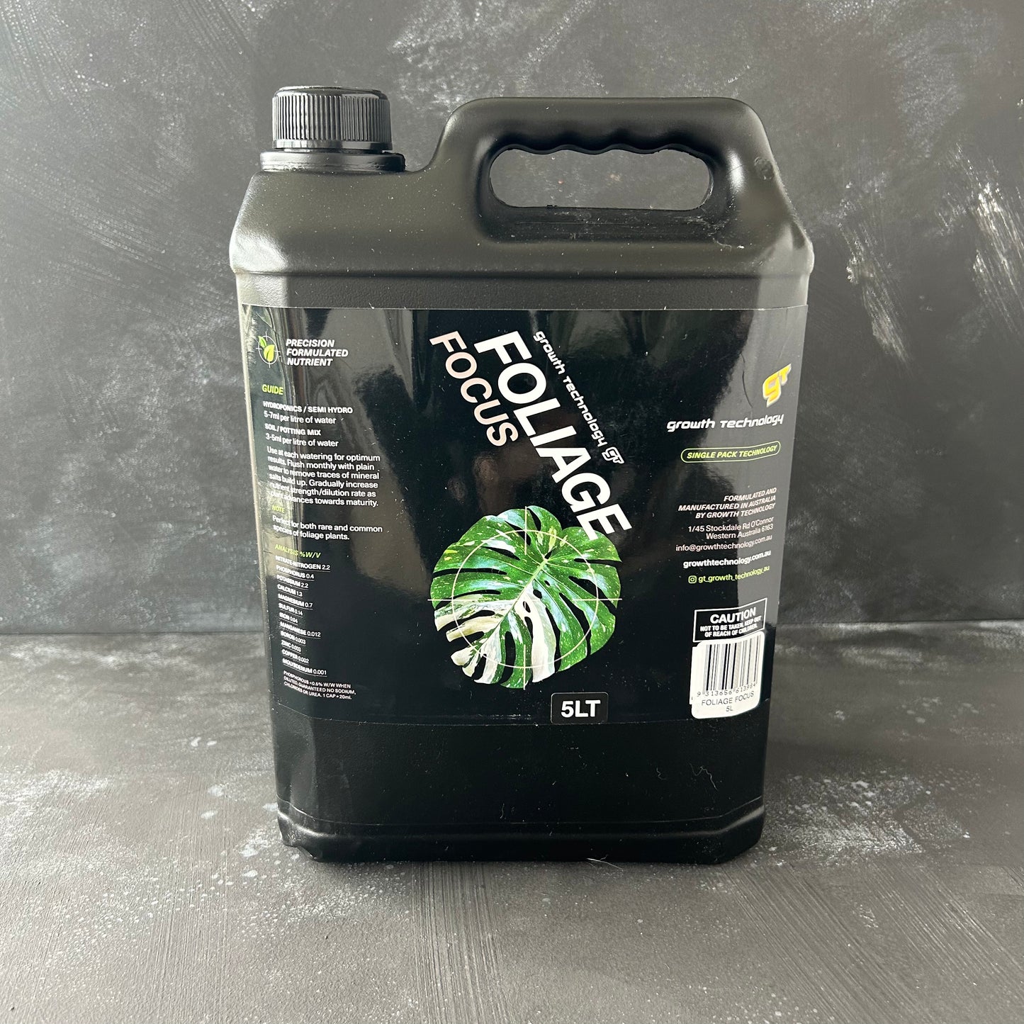 Foliage Focus 5L Nutrient Solution by Growth Technology. Made in Australia for indoor plants like monstera, syngonium, philodendron, and more. Seen on SydneyPlantGuy or TheLECAQueen.